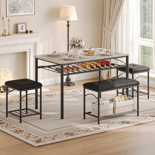 IDEALHOUSE Dining Table Set for 4 in Gray — Upholstered Benches & 2 Stools, Small Space Kitchen & Dining