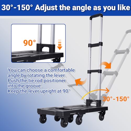Upgraded 600LB Heavy Duty Folding Hand Truck Dolly, Light Weight Utility Dolly Platform Cart with 7 Wheels, Brakes, Handle Lock, and 2 Elastic Ropes for Luggage, Moving, Shopping Use
