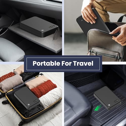 Grimtron Portable Pistol Safes ? Electronic Lock Box & Key Access, Silent Mode, Compact Car Gun Safe for Handgun, Small Single Safe for Travel, Office, Dorm Use