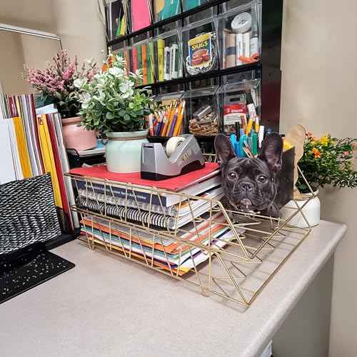 Performore 2 Pack of 11x17 Gold Stackable Wire Desk Trays, Paper Tray Organizer for Desk, Multifunctional File Document Holder and Storage for Office Desktop Organization and Accessories