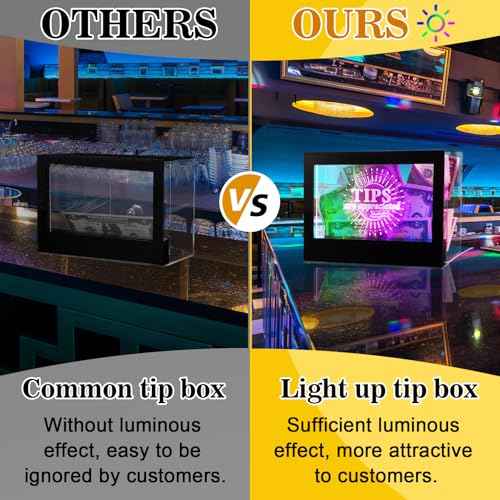 Light Up Tip Jar for Money - Acrylic Donation Ballot Box for Bartender with 2 Sign Holders, Re-mote, LED Light, Lock- Suggestion Box Tip Box for Restaurants Musicians Voting Charity, USB Powered