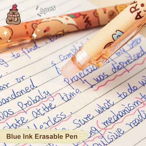 6 Pcs Cute Erasable Retractable Pens - Erasable Gel Ink Pens with Cartoon Capybara Design, 0.5mm Fine Point Blue Ink, Perfect for Office, School, Women, Girls, Boys