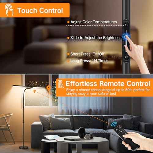 OUTON LED Floor Lamp with Double Head, 18W 1800LM, Super Wide & Bright, Height Adjustable, Remote & Touch Control, Memory Function, Dimmable Standing Lamp for Reading, Working, Sewing, Drawing, Black