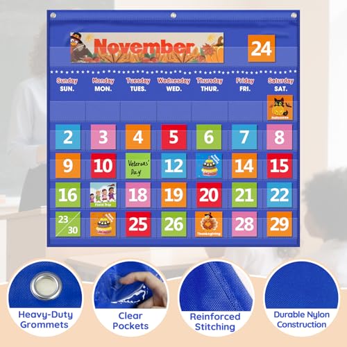 AKAYOK Classroom Calendar Pocket Chart with 88 Cards - Blue, Durable Wall Hanging Learning Tool for Homeschool & Classroom