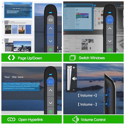 USB C Rechargeable Presentation Clicker with Green Light, Remote Clicker for Presentations Wireless Presenter Slide Changer PPT Advancer with Volume Control for Laptop Computer