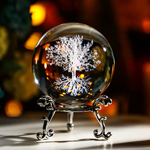 60mm Tree of Life Crystal Ball with Stand - 3D Laser Engraved Decor Gift