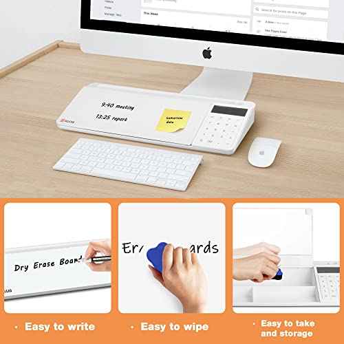 SELEAD Desktop Glass Whiteboard with Calculator & Built-in Mirror, Dry Erase White Board Computer Pad Keyboard Stand with Organizer Drawer, Desk Accessories for Home, School, Office