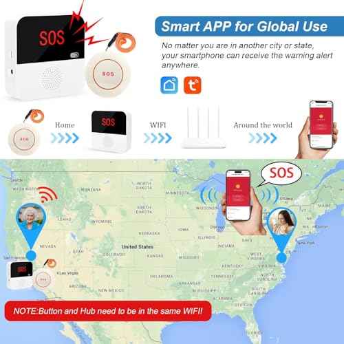 VOCA Smart WiFi Wireless SOS Pager | Caregiver Call System with Panic Button & Emergency Alarm | for Elderly, Seniors, Patients & Disabled | Includes 1 Receiver + 2 Call Buttons