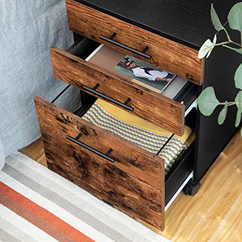 HOOBRO 3-Drawer File Cabinet - Under-Desk Wood Office Storage, A4/Letter, Rustic Brown & Black BF02WJ01G1
