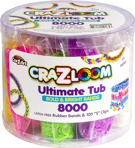 Cra-Z-Loom Ultimate Rubber Band Kit – 8000 Latex-Free Bands + 100 S Clips, Bright Assorted Colors