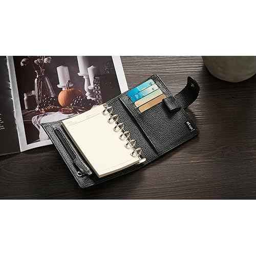 Leather A7 Binder Wallet, Refillable 6-Ring Pocket Size Ring Planner, Deluxe Planner Organizer with Planner Inserts and Exquisite Package (Black)