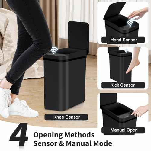 3 Pack Bathroom Trash Can with Lid, 2.5 Gallon Small Slim Trashcan, Automatic Trash Can Touchless, Motion Sensor Waterproof Plastic Trash Bin for Bedroom Kitchen Office Living Room (Black)