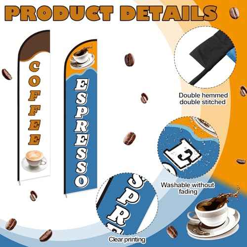 2 Pack Coffee Espresso Feather Flags Cafe Feather Swooper Flag Banner 2.5 x 12 ft Tall Heavy Duty Coffee Espresso Shop Advertising Marketing Sign Weatherproof for Outdoor Business Flag Only