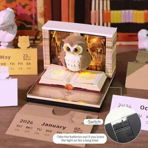 3D Calendar 2026, Desk Time Piece Calendar 2026,Tear-Away 3D Paper Art Notepad w LED Lights,Creative 3D Memo Artsy Pad Calendars, DIY Paper Carving Gift (K)