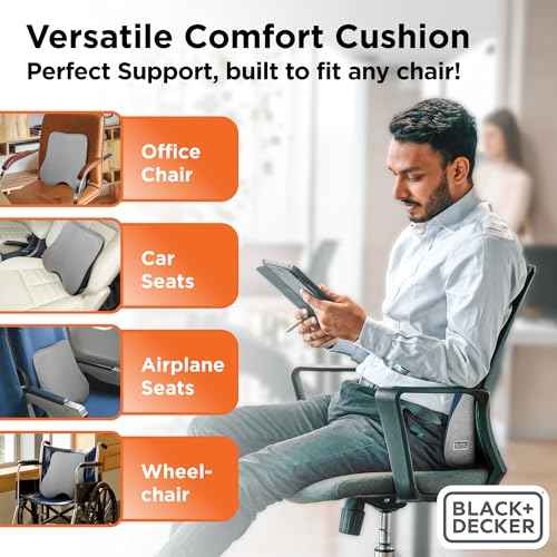BLACK+DECKER Memory Foam Lumbar Support Pillow ? Lumbar Cushion for Office, Car, Wheelchair & Airplane ? Ergonomic, Pain Relief, Adjustable Strap, Washable Cover, Grey/Black