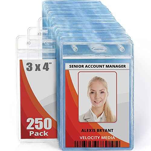 Mifflin-USA Large (L) Vertical ID Badge Holders (Clear, 3x4 inch, 250 Pack), Plastic Nametag Covers with Zipper, Name Tag Holder