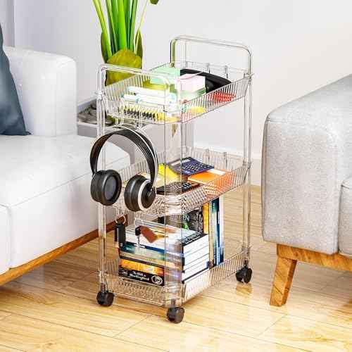 SuoXing 3 Tier Rolling Cart,Utility Cart on Wheels,Modern Clear Rolling Storage Cart for Bedside,College Must Haves Dorm Storage,Trolly Storage Rack for Art,Diaper Caddy,Snack,Lash Cart Organizer