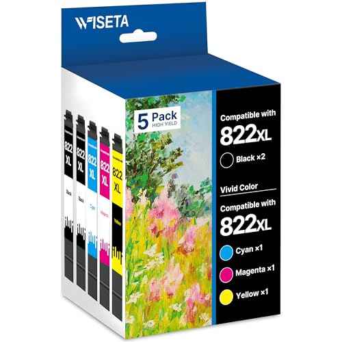822XL High Capacity Remanufactured Replacement for Epson 822 Ink Cartridges Combo Pack 822XL for Workforce Pro WF-3820 WF-4830 WF-4820 WF-4833 WF-3823 WF-4834 (5 Pack, Black Cyan Magenta Yellow)