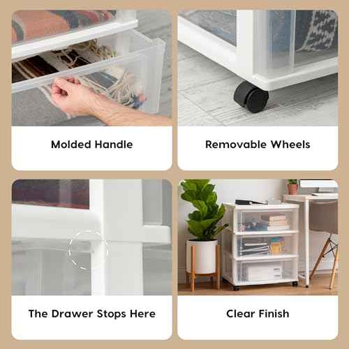 IRIS USA Plastic Drawer Storage Organizer Rolling Cart, with Wheels Casters, 3-Drawers, for Art Craft Supplies Bathroom Dorm Bedroom Laundry Room, Wide, White