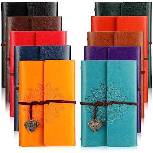 Yeaqee 10 Pack PU Leather Journal Notebook Refillable Travel Vintage Journal 6 Ring Binder Diary with Lined Pages Diary Daily Writing Notepad Gift for Women Girls Boys Classroom Reward, A6 7" x 5"