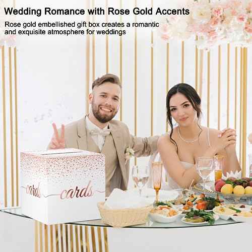 Rose Gold Cards Box for Birthday, Wedding, Bridal or Baby Shower, Graduation, Anniversaries, Engagement Party Decorations Supplies Money and Cards Receiving Box