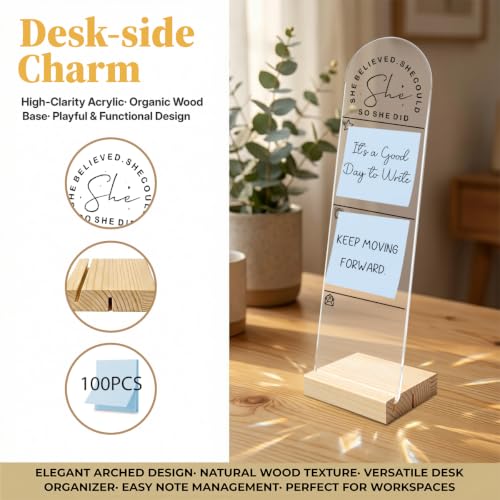Believed Sticky Note Holder for Monitor - Acrylic Desk Organizer with Wooden Base & 100 Notes