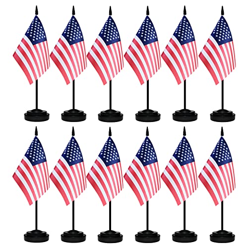 USA 12 Pack Desk Flags Set with Black Poles - Small Table Decorations for Office & Home