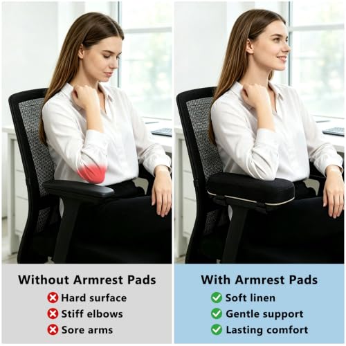 JUKFITA Black Office Chair Arm Pads 9.5 x 3.2 x 1.2 in with Linen Cover, 2-Pack
