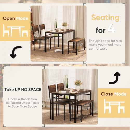 Shahoo 4-Piece Dining Set with Table, 2 Chairs & Bench - Storage