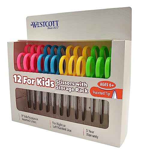 Westcott Right- & Left-Handed Pointed Scissors for Kids Ages 6+, Durable Stainless Steel Blades, Back to School Supplies, Classroom Scissors, Includes Storage Rack, 5-Inch, 12 Pack, Assorted Colors