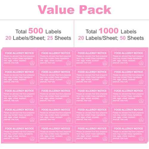 500 Pcs Food Allergy Stickers, 1x2 Inch Labels for Bakery, Cookie, Kitchen