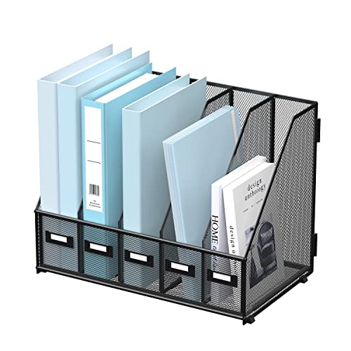 SUPEASY Small Black Metal Desk Organizer with 5 Vertical File Compartments