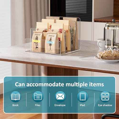 Acrylic File Holder 4 Compartment, Clear Desk File Organizer, Acrylic Organizer for Books, Phone, Ipad, Envelope, Notebook, Calculator