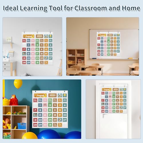 46 Pockets Classroom Calendar Pocket Chart with 77 Cards, Daily Monthly Learning Calendar for Circle Time Weather Seasons, Preschool Kindergarten Homeschool Must Have, Teacher Essential Supplies White