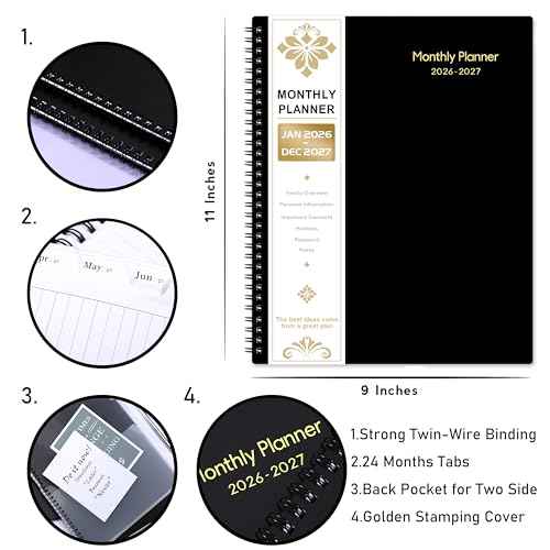 2026-2027 Monthly Planner/Calendar - 2 Year Monthly Planner 2026-2027, Jan.2026 - Dec.2027, 9" x 11", 2 Years Calendar 26-27 with Tabs,+Contacts + Back Pocket + Twin-wire Binding - Black