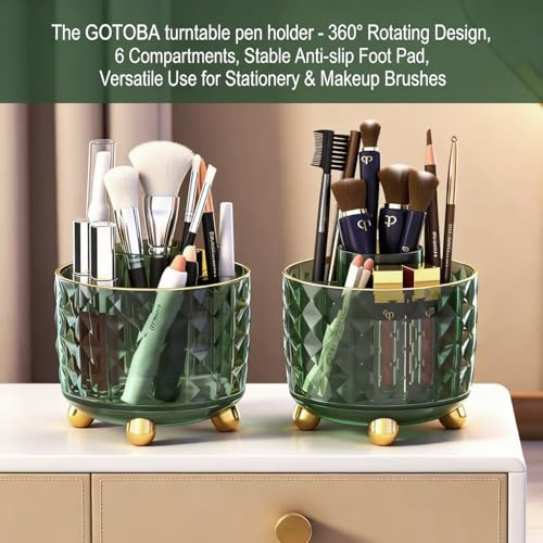 GOTOBA Dark Green Pen Pencil Holder for Desk, 6-Compartment Rotating Organizer