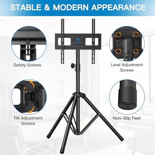 PERLESMITH 23-70 Inch TV Tripod Stand with ±20° Tilt & 360° Swivel, Height Adjustable 39.8-69.5 in, VESA 100x100–400x400mm, Holds Up to 88 lbs