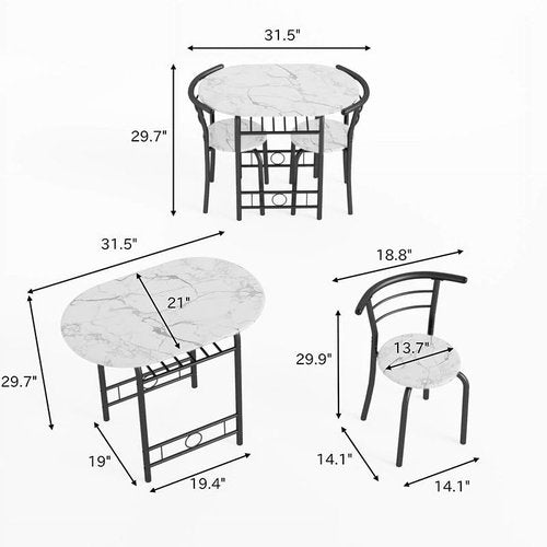 Shahoo 3-Piece Wooden Dining Table Set, Kitchen Breakfast Nook Sets with 2 Chairs & Round Tabletop, Space Saving Furniture Metal Frame and Built-in Wine Rack, Marble White & Black