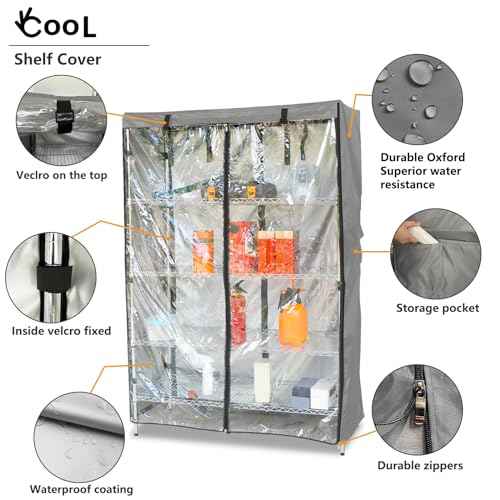 okcool Waterproof Shelf Cover,600D Heavy Duty Wire Shelving Unit Cover,Shelf Display Rack Protector Cover with Zipper,One Side See Through Panel.(Grey,Fits 48" Wx18 Dx72 H Shelves)