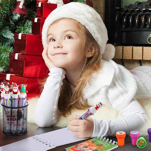 Aodaer 90 Pieces 10 in 1 Christmas Ballpoint Pen Stamps Mini Spiral Notebooks Kit, Multicolor Retractable Ballpoint Pens Xmas Stampers Notepads for Christmas Student Teacher Gifts Party Favors