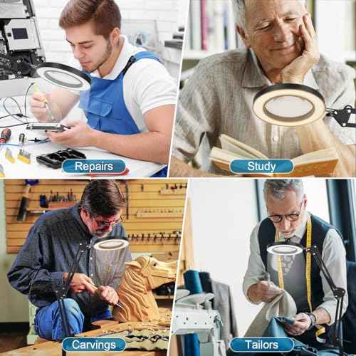 2-in-1 LED Magnifier Desk Lamp with Clamp,Magnifying Glass with Light and Stand,3 Color Modes Stepless Dimming, for Home Office Close Work, Repair, Crafts, Reading,Sewing