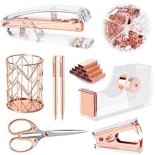 Famassi Rose Gold Desk Accessories£¬Office Supplies Set Acrylic Stapler Set Staple Remover, Tape Holder, 2 Ballpoint Pen, Scissor, Binder/Paper Clips and 1000pcs Staples.