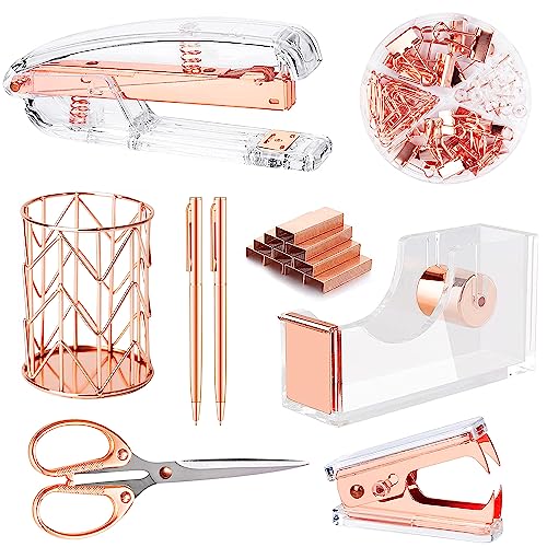 Famassi Rose Gold Desk Organizer Set with Stapler, Tape Holder, Pens & Clips