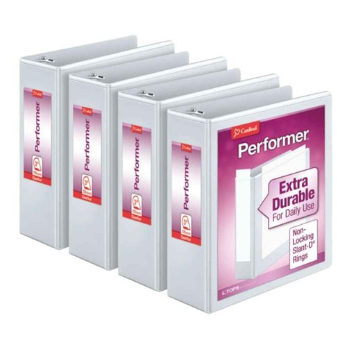 Cardinal Performer 3-Ring Binders, 3", Non-Locking Slant-D Rings, 725-Sheet Capacity, ClearVue Presentation, Non-Stick, PVC-Free, White, 4-Pack (27600)