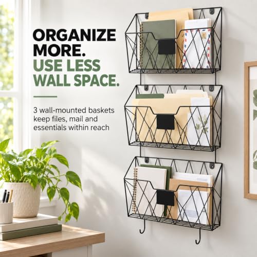 OYEAL 3 Pack Black Metal Wall File Organizer Hangings for Home Office