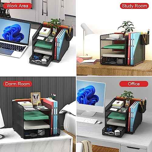 Desk Organizer with Hanging File Holder, Paper Letter Tray Organizer with Drawer and Pen Holder, Mesh Desktop Organizer and Storage for Office Supplies(Black)