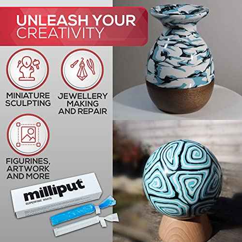 Milliput Plumbers Putty 10 Piece Set, Superfine White - with Sculpting Tools, Sanding Pad and Gloves - Ceramic Tile, Fiberglass Tub, Bath, Sink and Porcelain Repair Kit - 2 Part Epoxy Modeling Clay