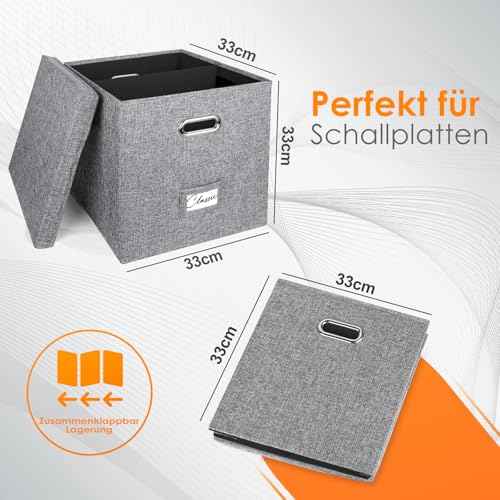 Vinyl Record Storage Box Set of 2 - for 100+ Single LPs (12-Inch), Stackable Albums Linen Crate with Lid, Play Music Collection Holder, Document File Folder Cabinet Organizer Case with Handle
