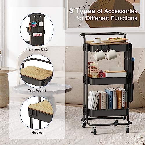 DTK Black 3-Tier Metal Utility Rolling Cart with Tabletop & Side Bags
