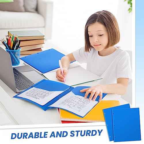 Yeaqee 50 Pcs Plastic Folders with Pockets Bulk 3 Hole Punched 2 Pocket File Folders for 3 Ring Binder Divider Folder for Notebooks, Durable Poly for Office Home (Blue)